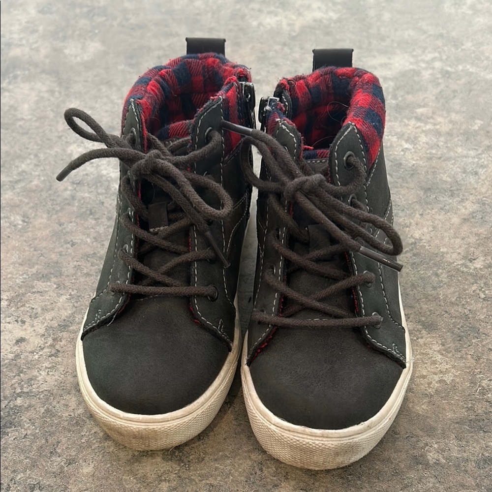 Target Kids Dark Gray and Red/Navy Plaid Side Zip High Tops Size 10